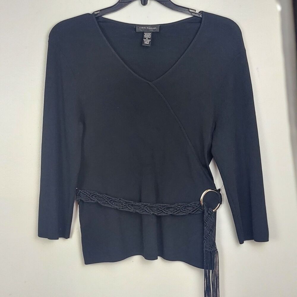 Altered State Womens XL Black V-Neck Viscose Sweater Silver Ring Crochet Belt